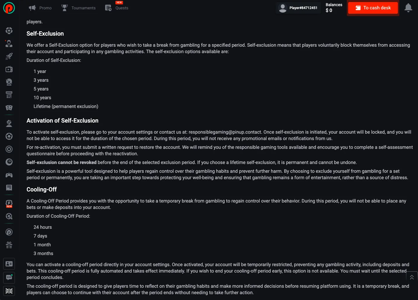 Pin Up responsible gambling screen showing self-exclusion and cooling-off period settings