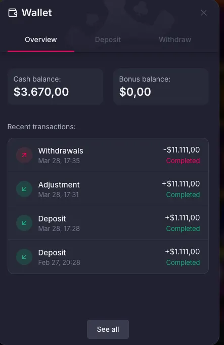 Pin Up wallet transaction history showing completed withdrawal, completed adjustment, and completed deposit entries