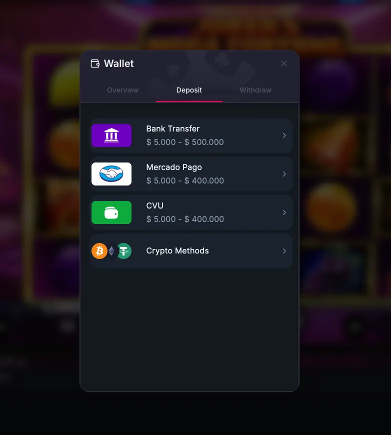 Pin Up wallet deposit methods modal showing bank transfer, Mercado Pago, CVU, and crypto methods before withdrawal verification