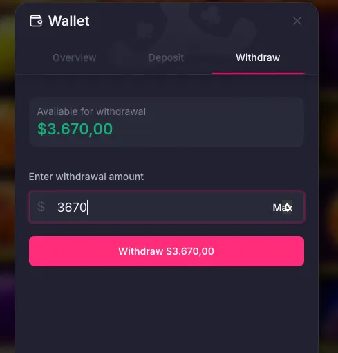 Pin Up wallet withdrawal form showing available balance, entered amount, and withdrawal button