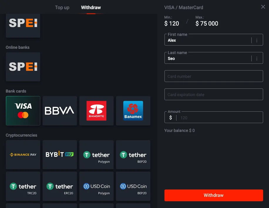 Pin Up withdrawal screen showing card and crypto withdrawal methods and withdrawal amount form